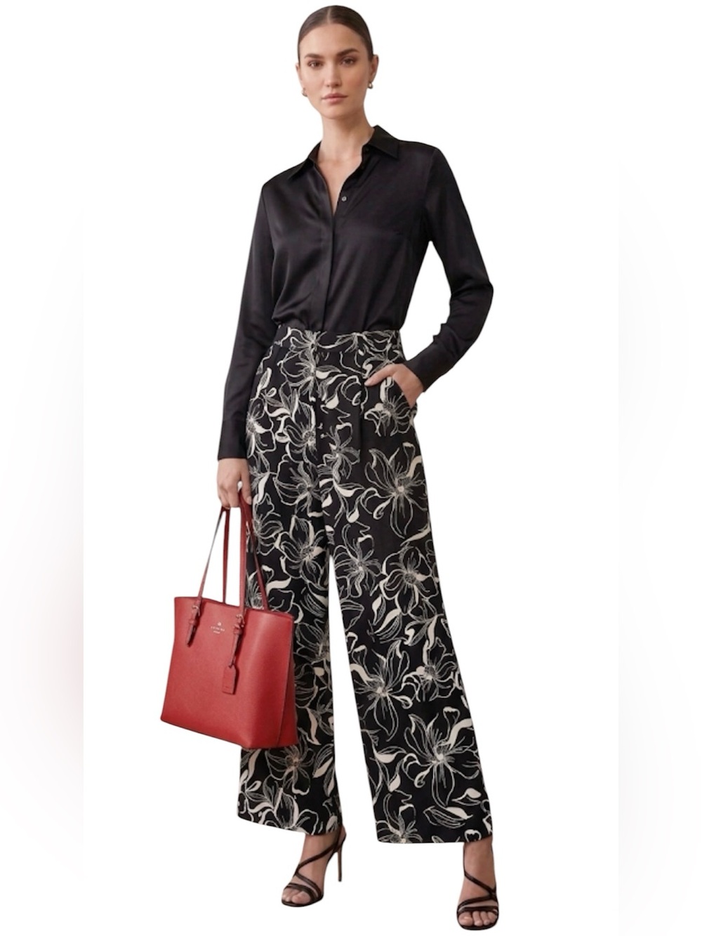 WHBM Floral Print Black White High Waist Wide Leg Flowy Pants Size: 2